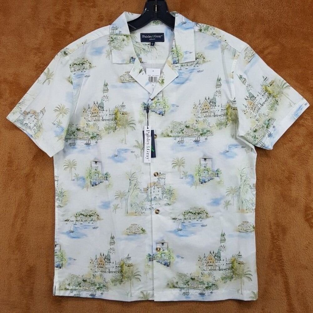 Paisley & Gray Button Shirt Mens Large White Slim Fit Scenic Summer Boating Palm